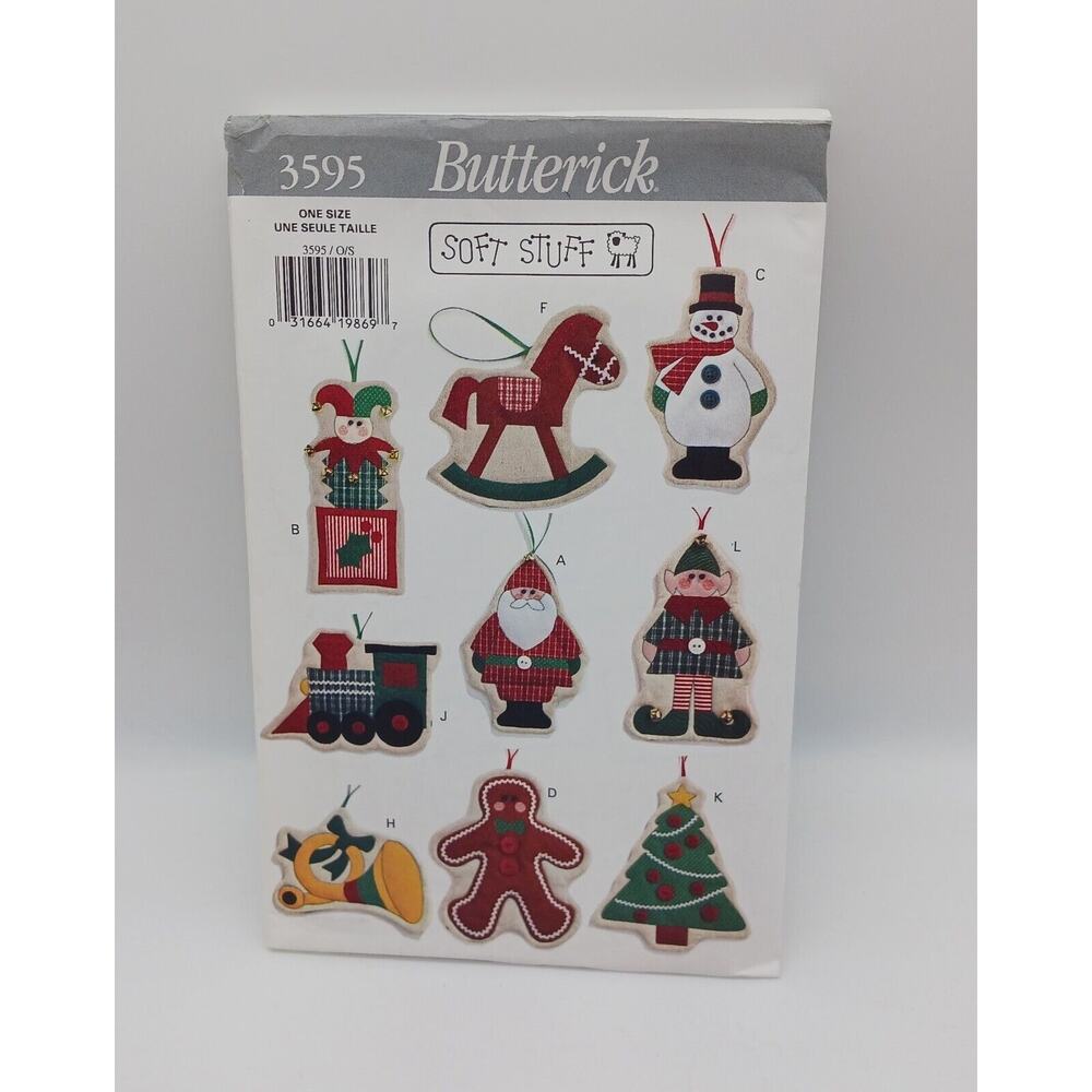 Butterick 3595 Soft Stuff Christmas Ornaments 1994 Uncut Santa Snowman Tree